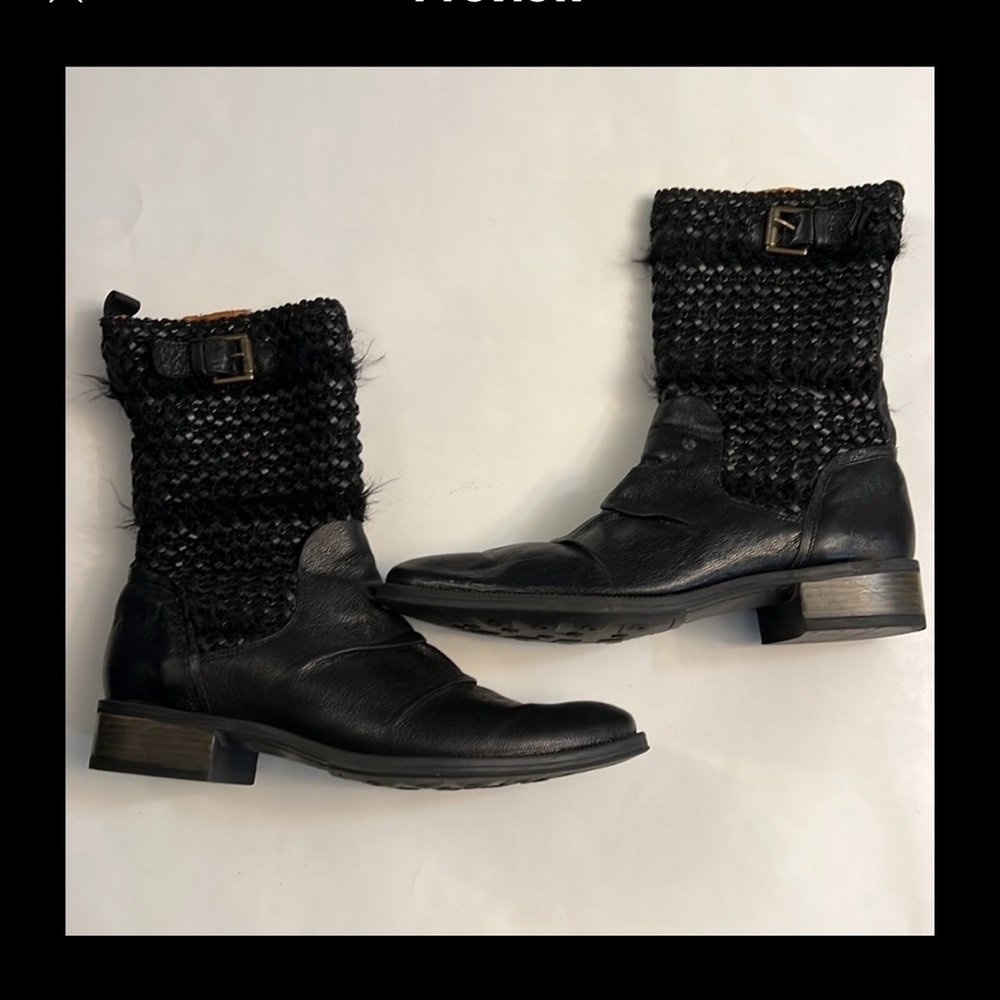 SUNDANCE BLACK LEATHER WOVEN KNIT MOTO BOOTS SIZE 8.5